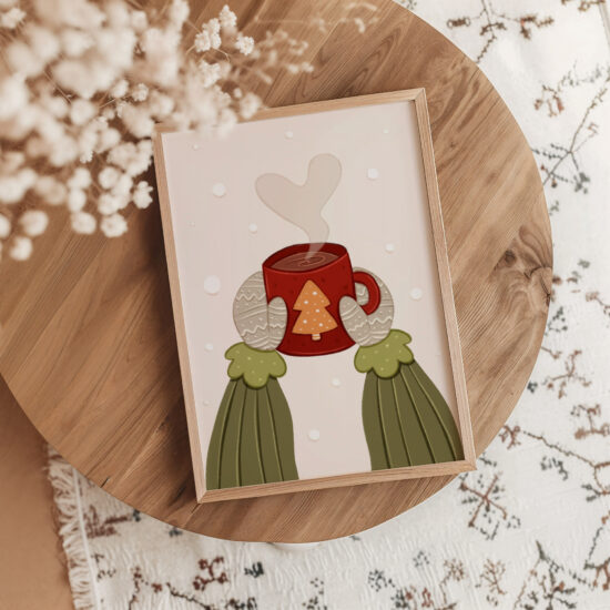 plakat z kubkiem gorącej czekolady urocze zimowe dekoracje